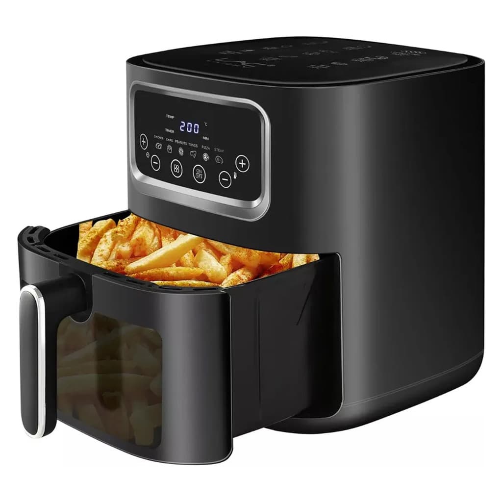 Fritadeira elétrica sem óleo digital de 10 litros, preta, mostrando batatas fritas na bandeja aberta
