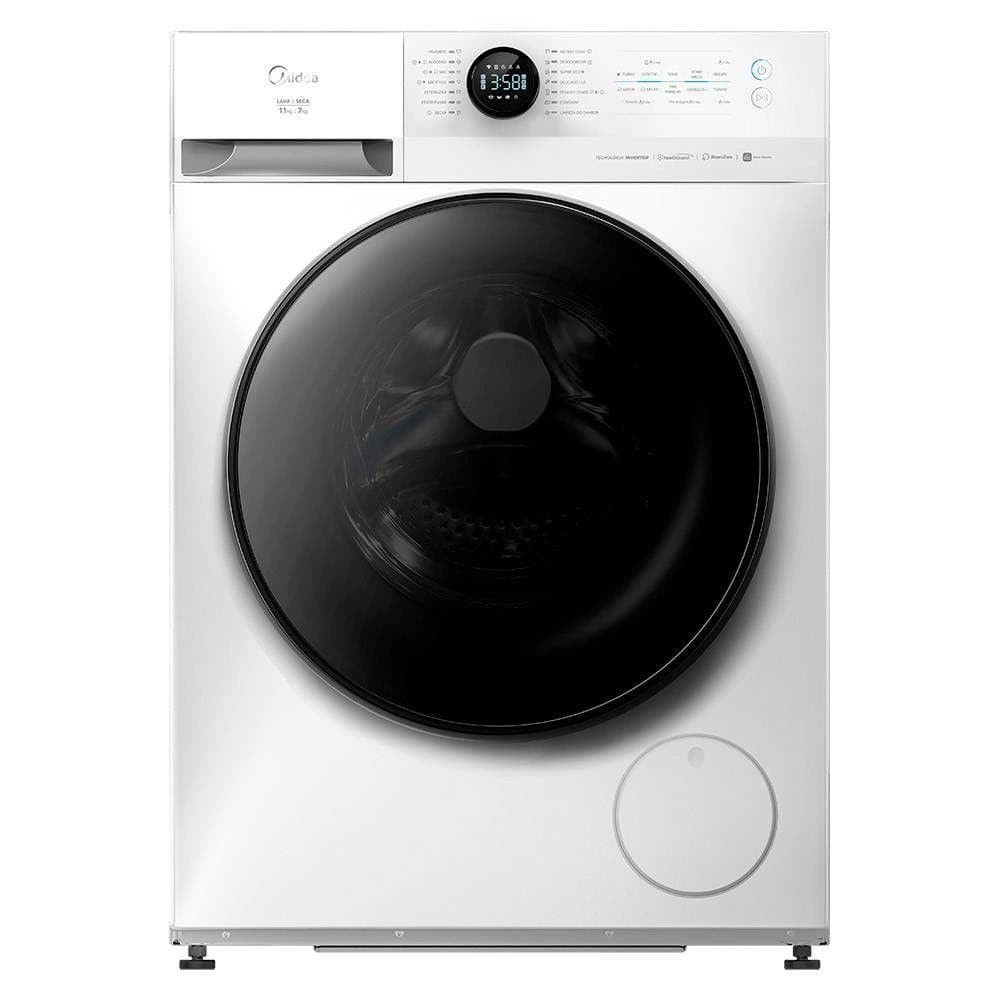 Lava e Seca Midea 11kg 127V Branca MF201D110WB/WK-01, máquina frontal branca com porta de vidro e display digital.