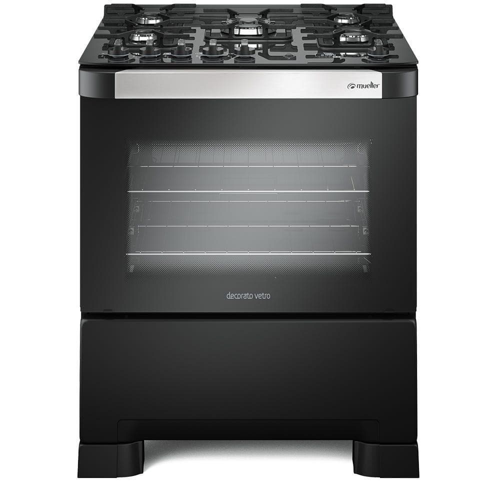 Fogão Mueller Decorato Vetro 5 bocas preto fosco com mesa de vidro e forno com porta de vidro transparente