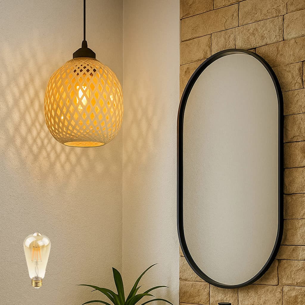 Luminária pendente de bambu de fibra natural com LED, estilo moderno, iluminação amarelo quente, design geométrico.