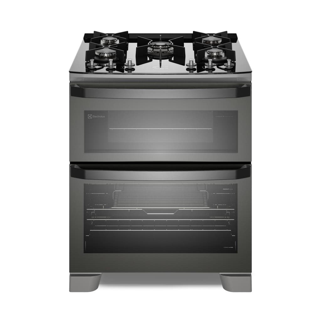 Fogão Electrolux 5 bocas com Air Fryer, dois fornos e grill, cor cinza