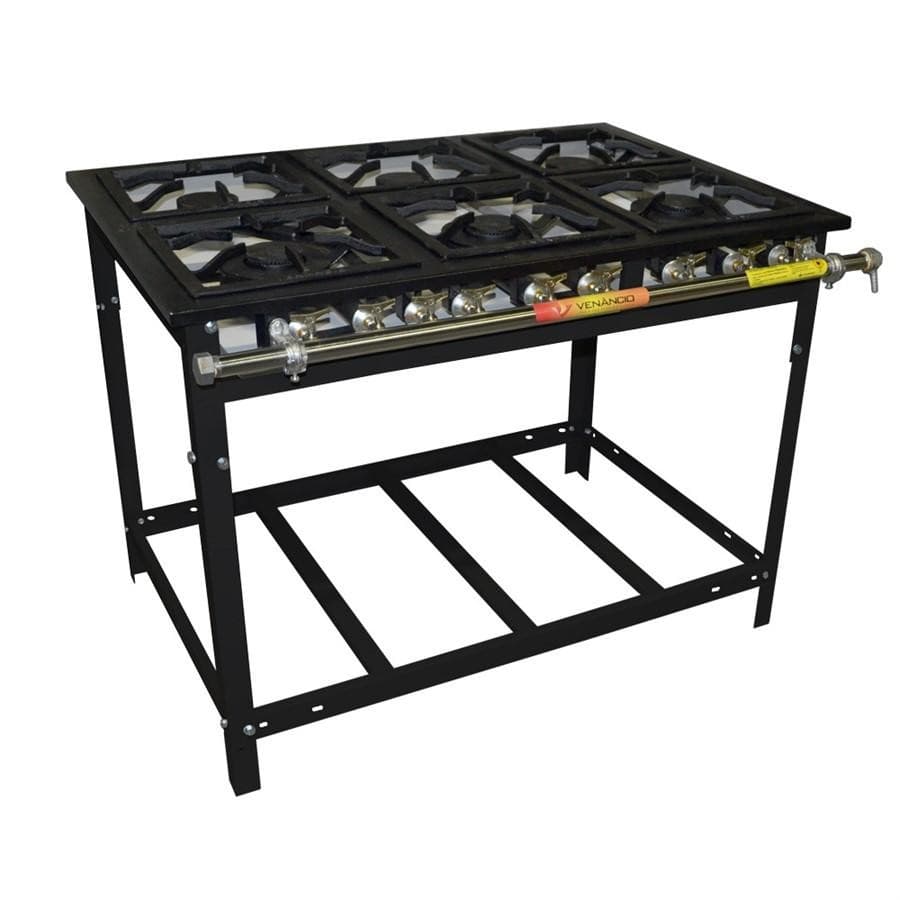 Fogao a gás Venâncio com seis bocas, três duplas, preto, estrutura em metal, fundo branco.
