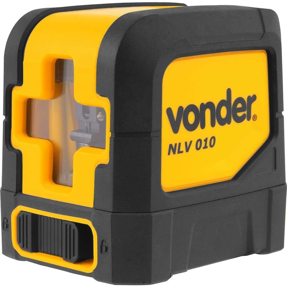 Nível a laser Vonder NLV 010, corpo preto e amarelo, logo Vonder, ângulo frontal, fundo branco