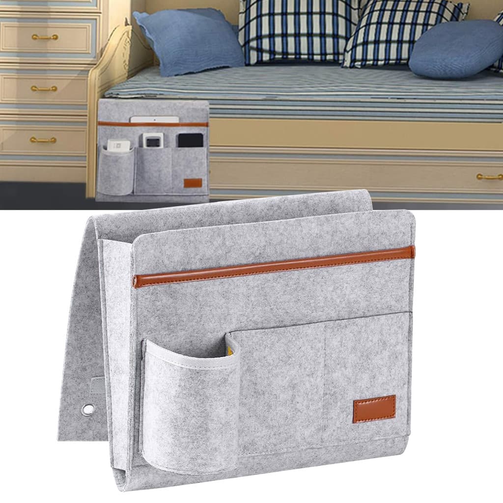 Bolso cabeceira cama cinza organizador para tablets e celulares