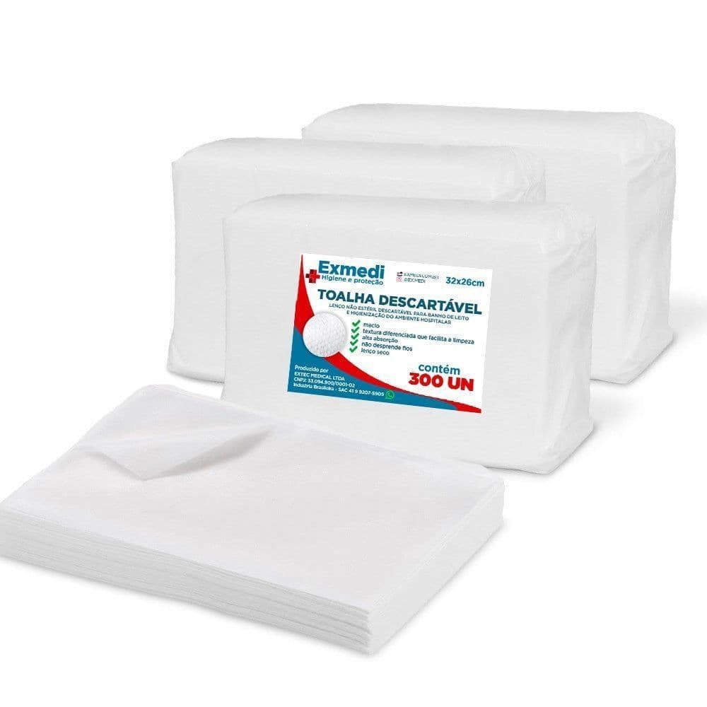 Kit com 300 lenços toalhas descartáveis brancas Exmedi para higiene corporal