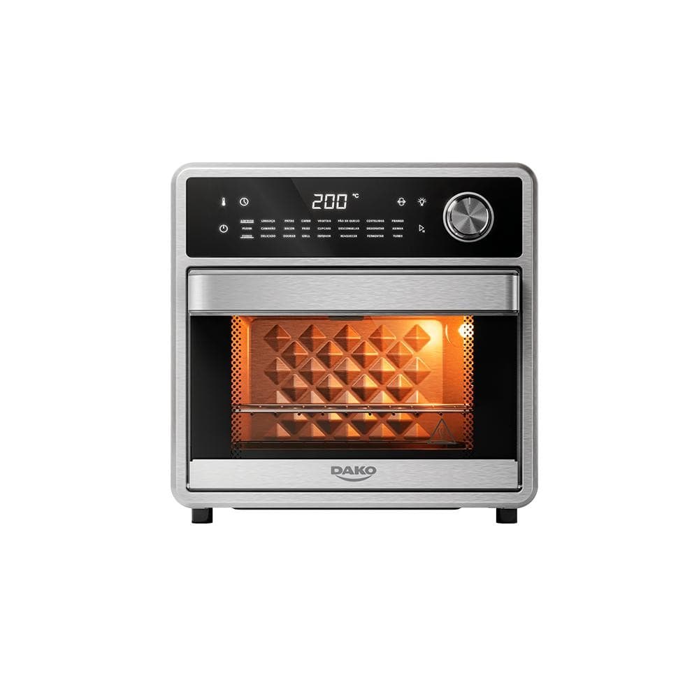Forno Fryer Dako Inox 2 em 1 com Painel Digital 15 L 220V, porta aberta, iluminação interna ativa