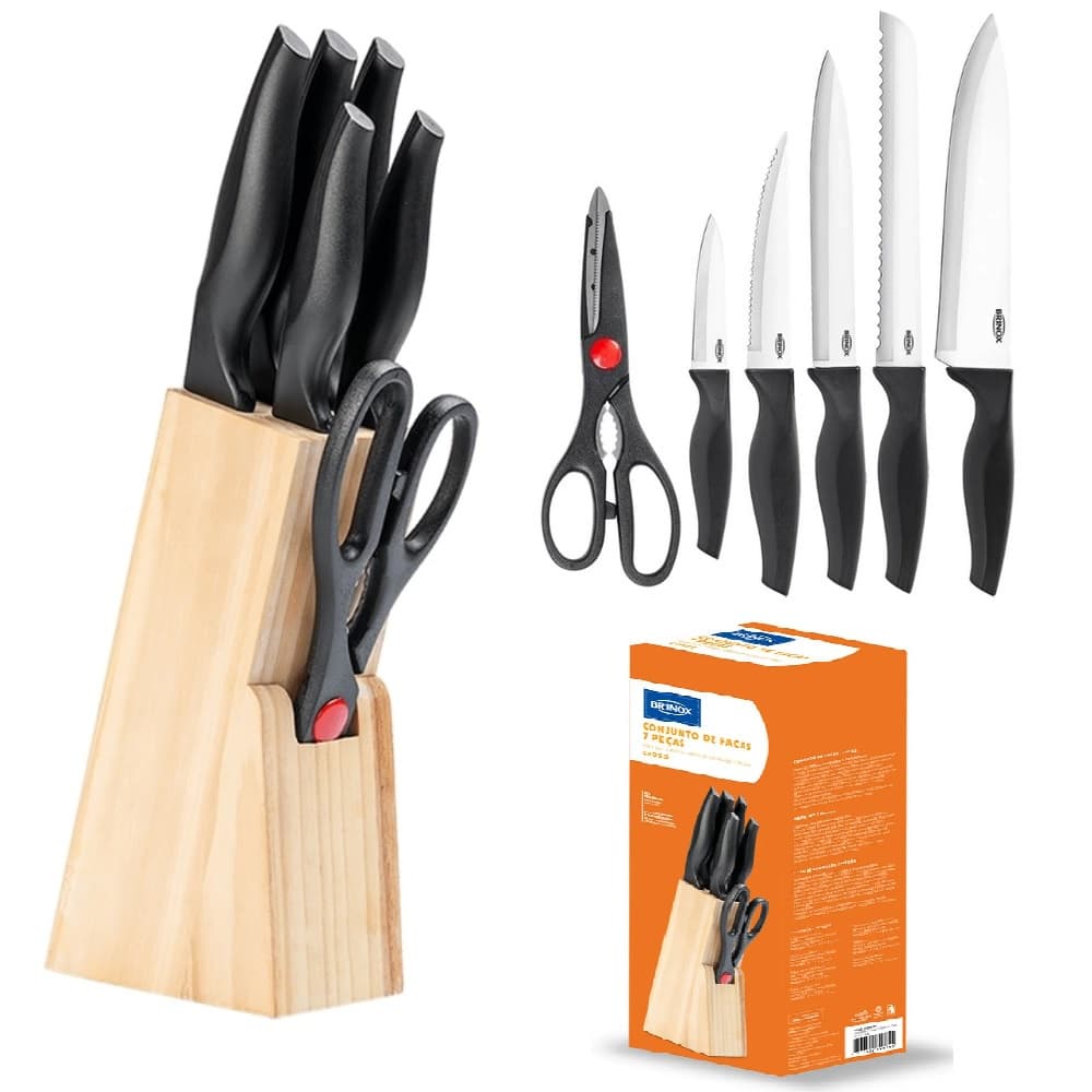 Conjunto de facas e tesouras de cozinha em aço inox com bloco de madeira