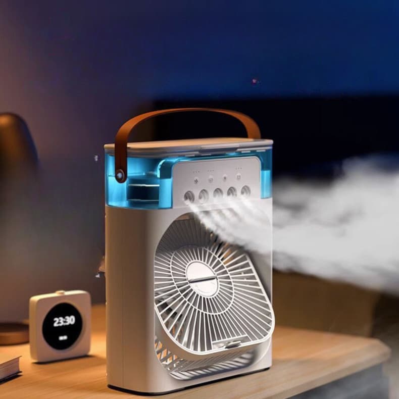 Ar condicionado portátil branco e azul com LED para quarto, sala ou escritório