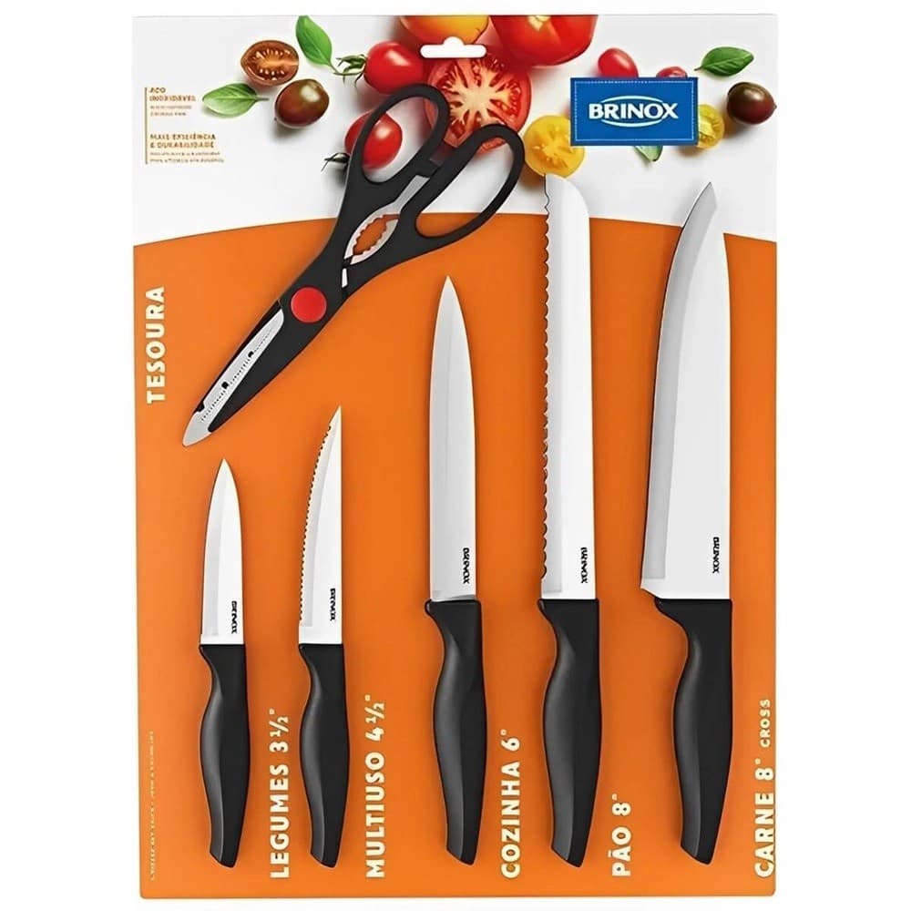 Conjunto 6 peças facas de cozinha aço inox Brinox, com faca de legumes, multiuso, carne, pão e transversal
