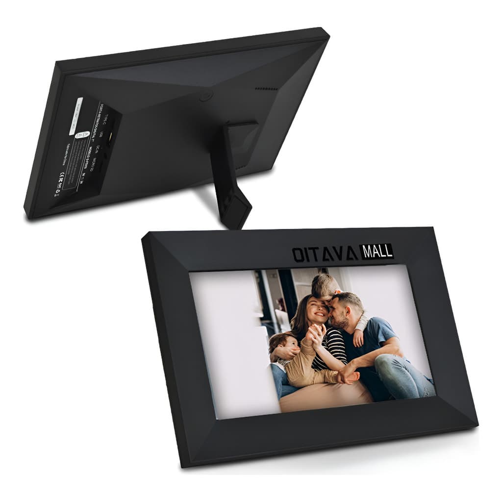 Porta retrato digital Wi-Fi preto com foto de família, moldura em ângulo frontal e lateral