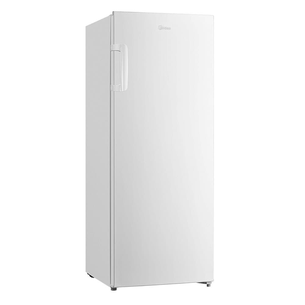 Freezer vertical branco Midea 196L com porta única, compartimento inferior, ângulo frontal, fundo branco.