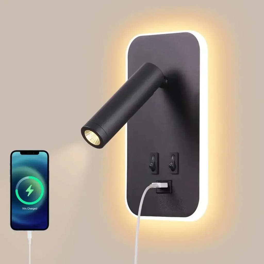 Arandela LED de parede com carregamento USB e USB-A, iluminação brilhante, design moderno, preto e branco