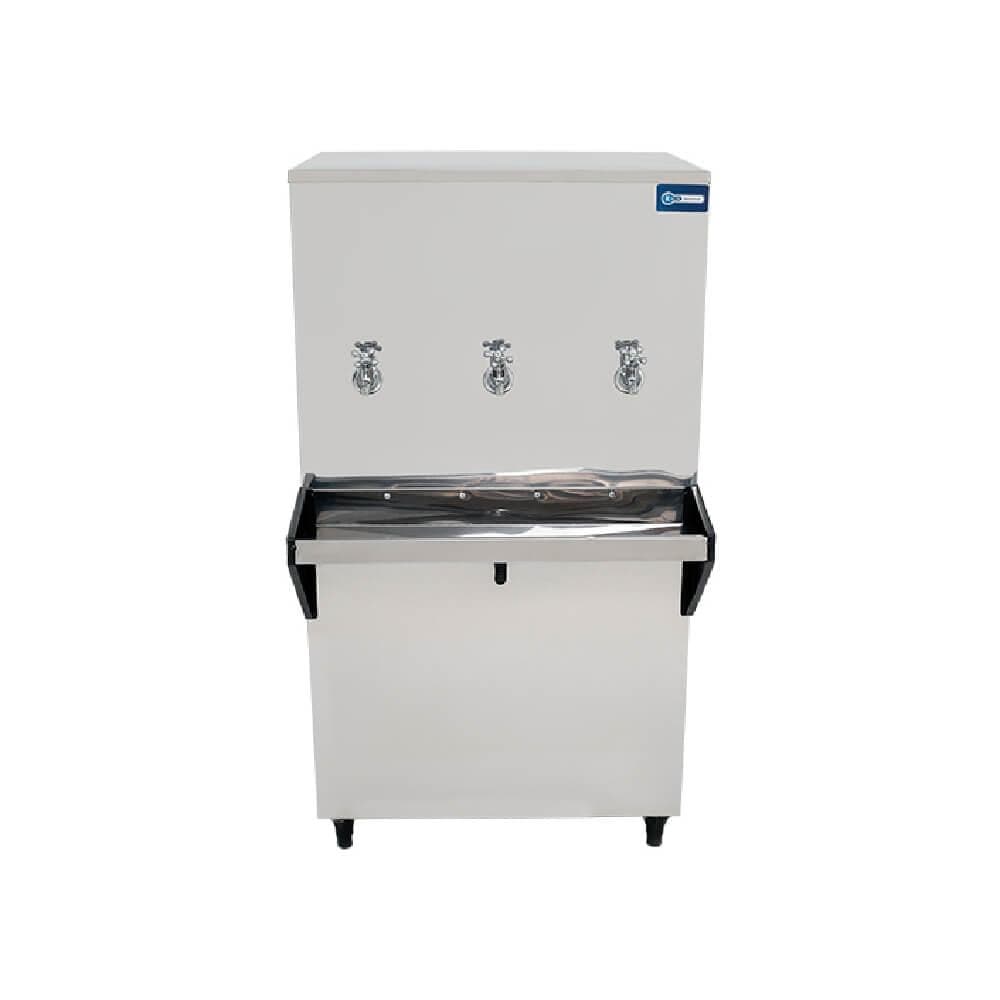 Bebedouro industrial de coluna branco com três torneiras de água gelada em aço inoxidável.