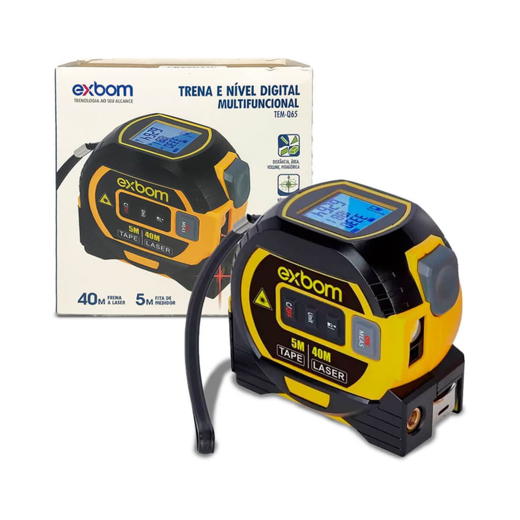Trena digital laser multifuncional Exbom 40m com fita métrica, preto e amarelo