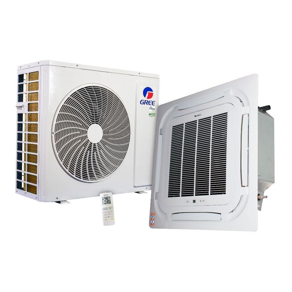 Ar-condicionado cassete Gree G-Prime Inverter Compact 24.000, unidades externa e interna brancas em fundo branco.