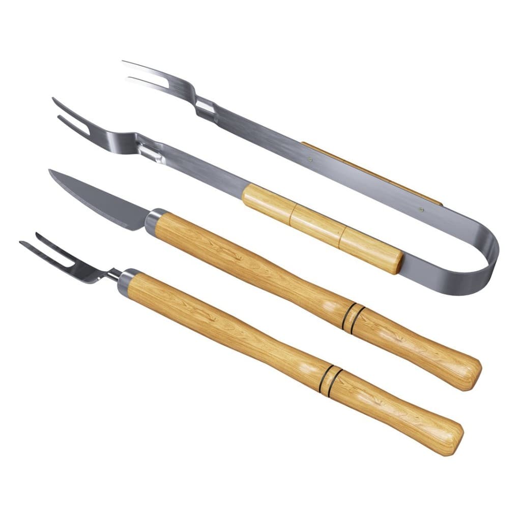 Kit churrasco 3 peças inox cabo madeira anti-queimadura