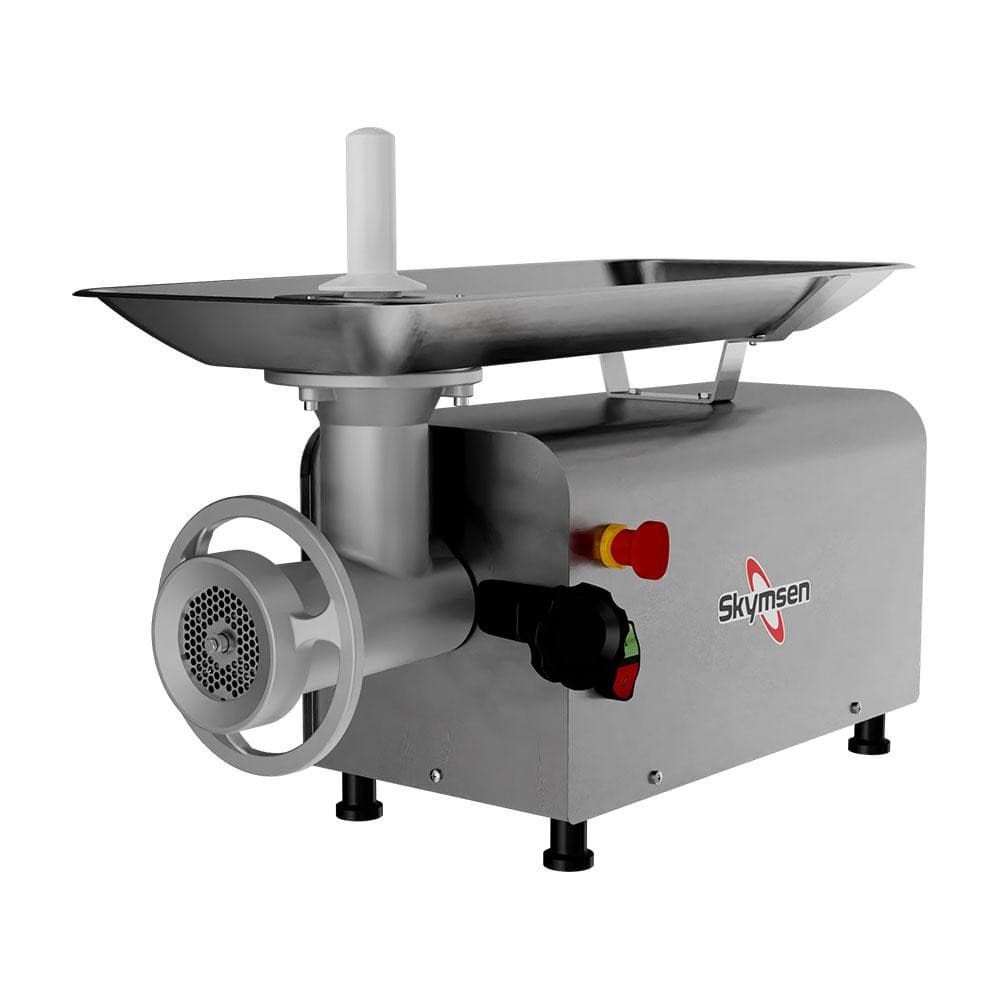 Picador de carne inox Skymsen modelo PS-22 com boca 22, aço inoxidável, preto e vermelho