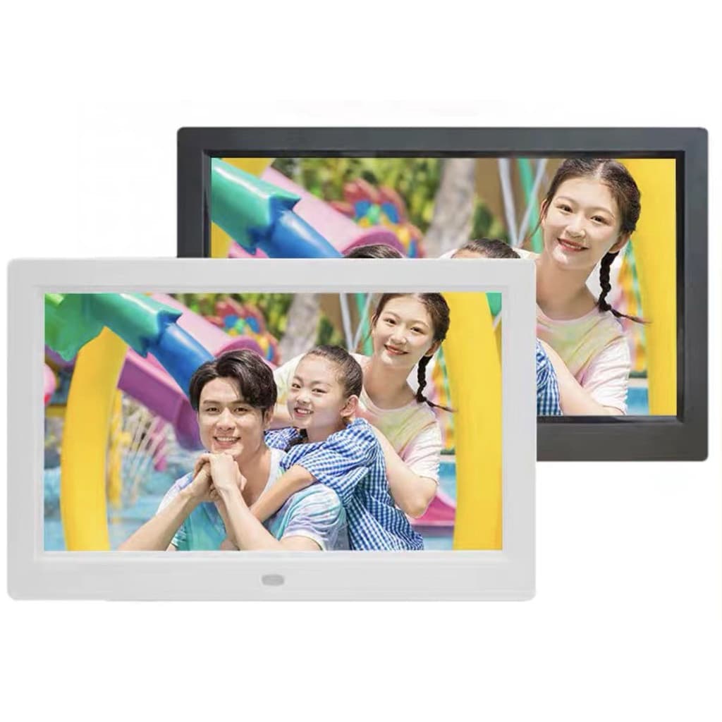 Porta Retrato Digital Oásis 7 Polegadas Exibindo Família em Parque de Diversões e Mulher Sorridente