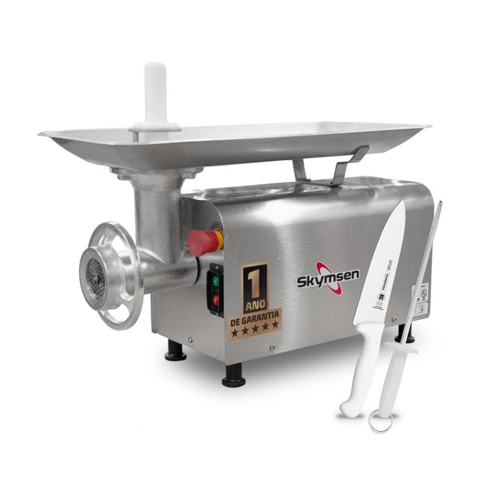 Picador de carne profissional Skymsen 0,5CV com faca e chaira, aço inoxidável, 1 ano de garantia