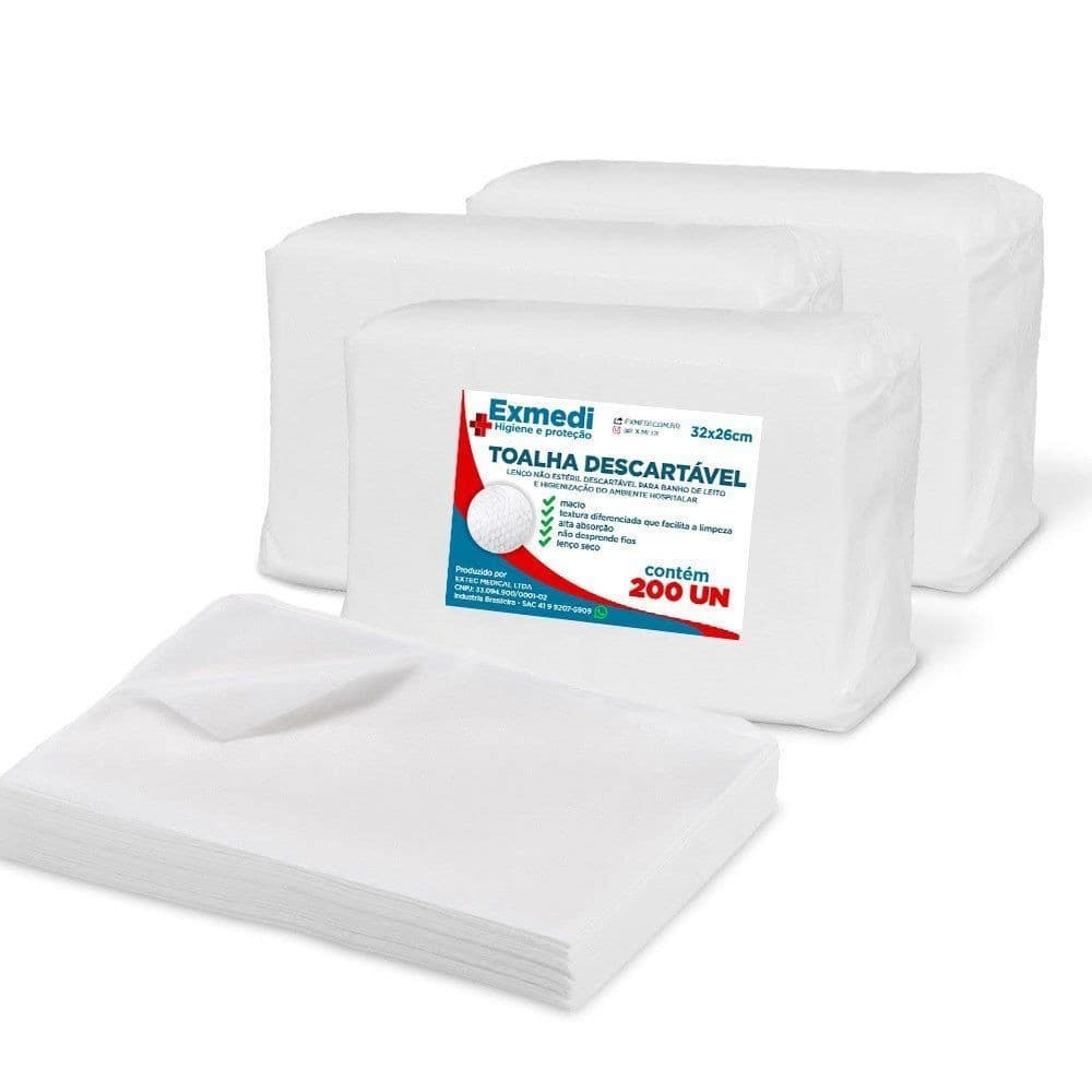Kit com 200 lenços toalhas descartáveis brancas Exmedi para banho e higiene