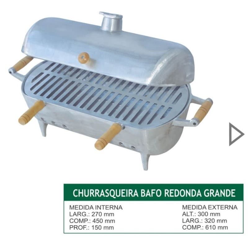 Churrasqueira redonda grande em alumínio fundido com grelha removível, alças de madeira e fundo branco com informações técnicas.