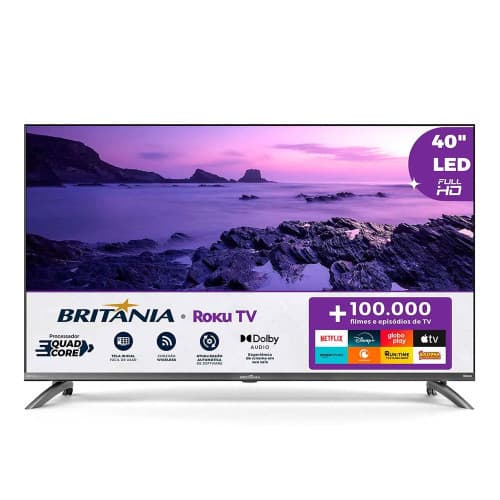 Smart TV 40 Britânia Roku TV LED Full HD Dolby Audio com paisagem de costa na tela