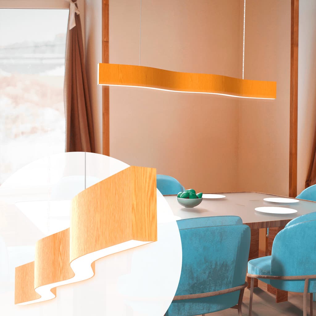 Lustre retangular linear de madeira com LED integrado em sala de jantar