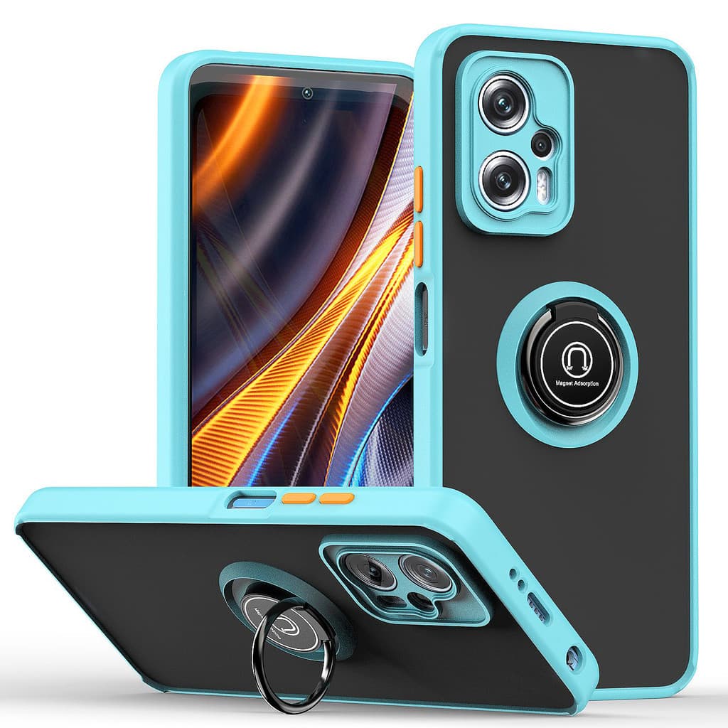 Capa para Xiaomi Poco X6 X5 Pro 5G, azul-turquesa e preto, com anel magnético e suporte para dedo.