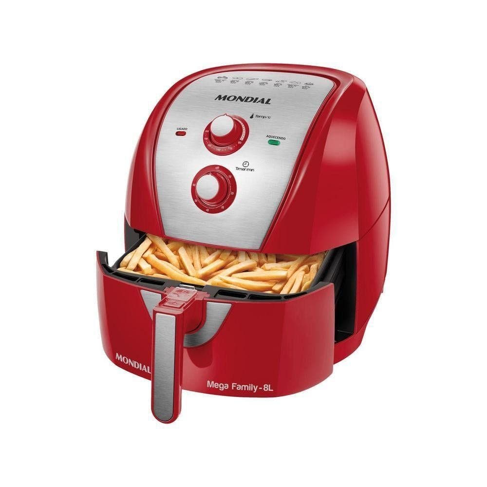 Fritadeira elétrica Mondial vermelha e inox com cesta aberta com batatas fritas