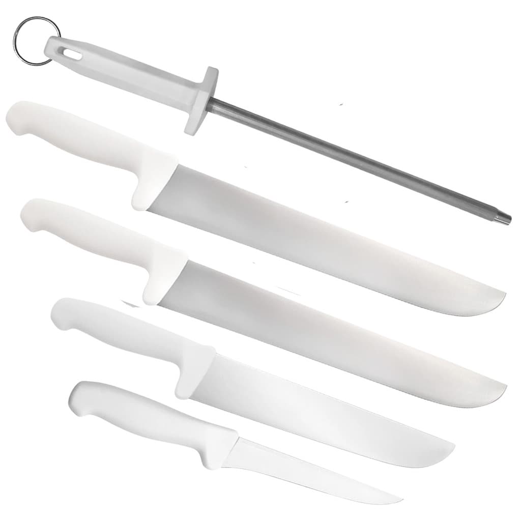 Jogo de facas de açougue profissional com 5 peças, faca de carne, faca de desossa, faca peixeira, chaira e faca de churrasqueira, todas brancas.