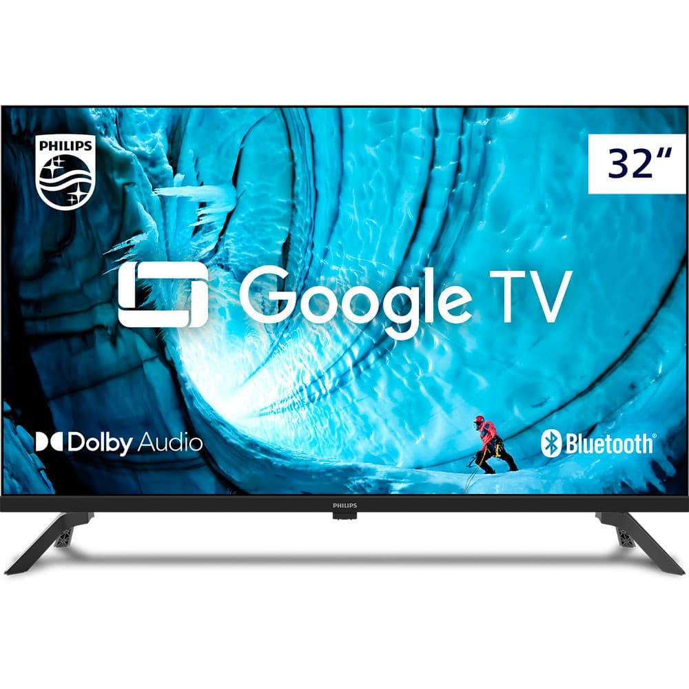 TV Philips 32 polegadas com tela azul exibindo interface do Google TV, logotipo Philips, Dolby Audio e Bluetooth