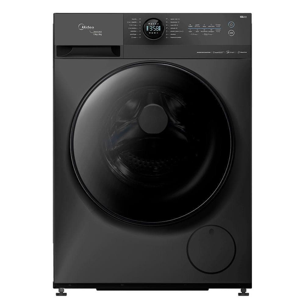 Lava e Seca 13kg Midea Healthguard Titanium Conectada MF200D130WB/GK-02 220V, máquina preta, display digital, controles de botão, fundo branco.