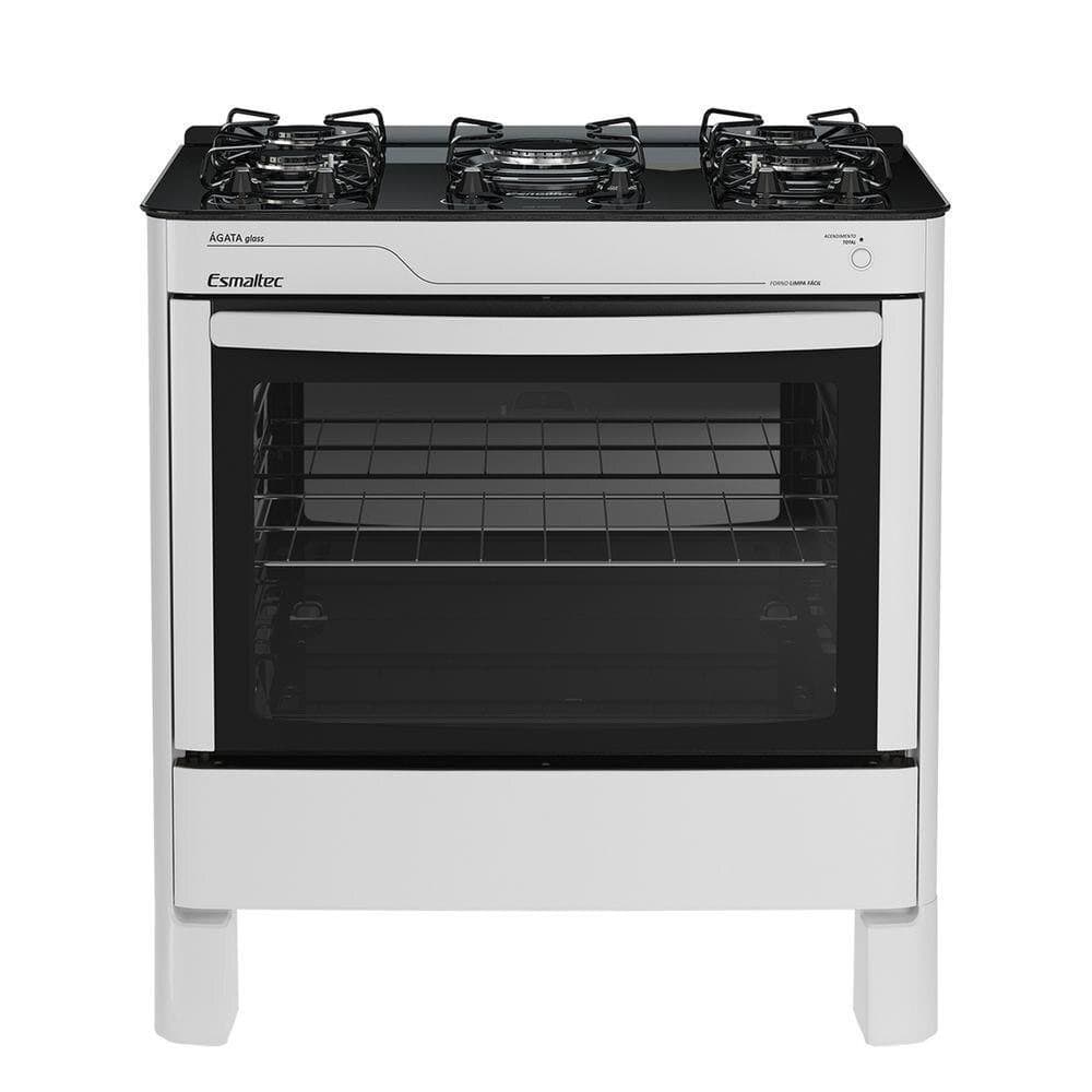 Fogão 5 Bocas à Gás Esmaltec Ágata Glass Mesa de Vidro Branco com Acendimento Automático Bivolt