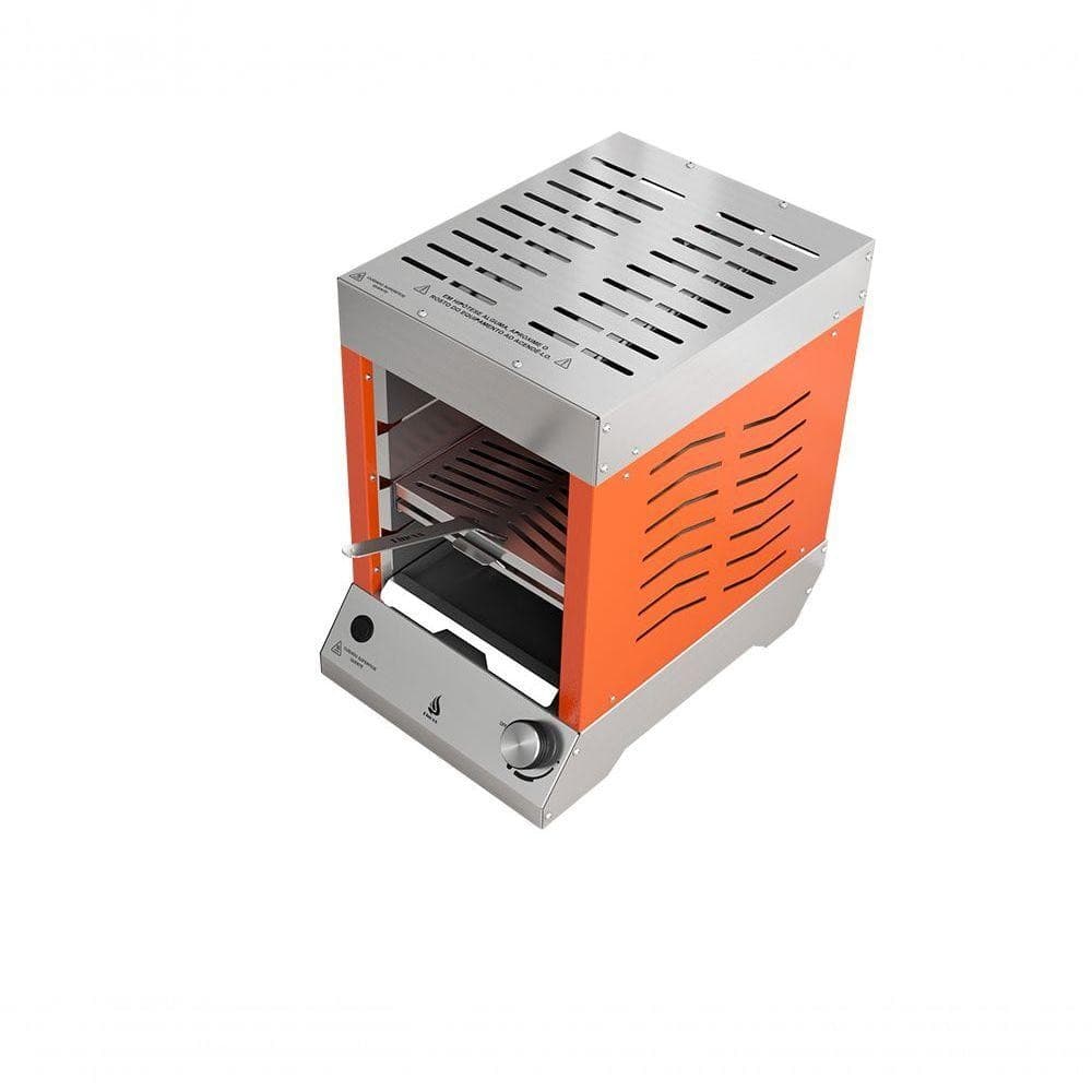 Churrasqueira a gás vertical sem fumaça Flame Dinoxx em laranja e cinza metálico, fundo branco