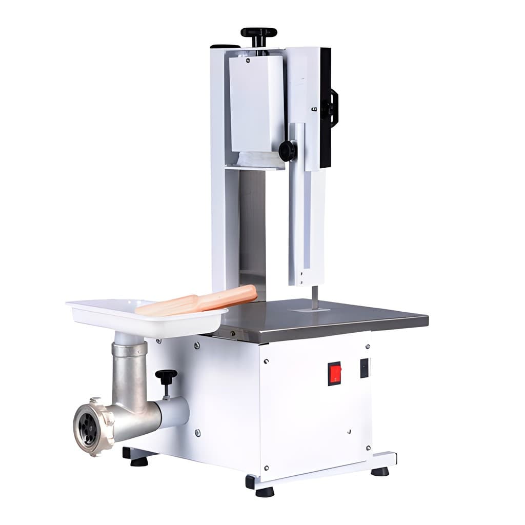 serra fita com moedor de carne elétrico máquina de cortar carne açougue potente 1/3 CV lâmina 1,46 m branco