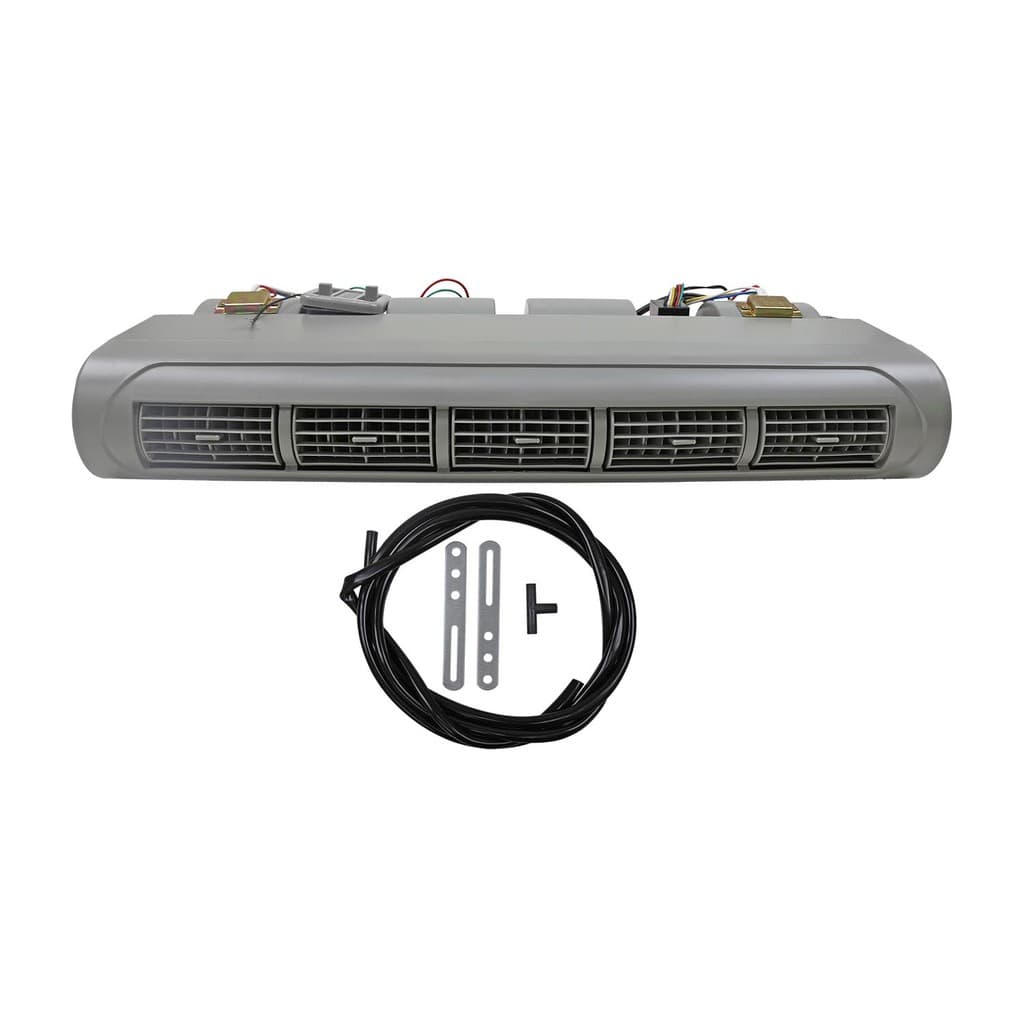 Caixa Evaporadora de Ar Condicionado Universal Mini-Bus 24v, cinza, com grelhas pretas e conectores elétricos, fundo branco