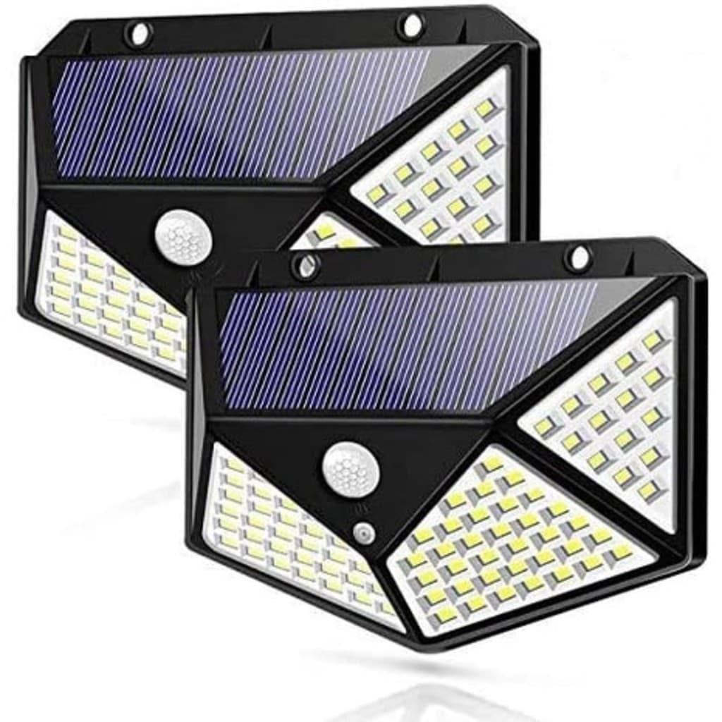 Duas luminárias solares com sensor de movimento, painéis solares azuis e LEDs amarelos, para jardim.