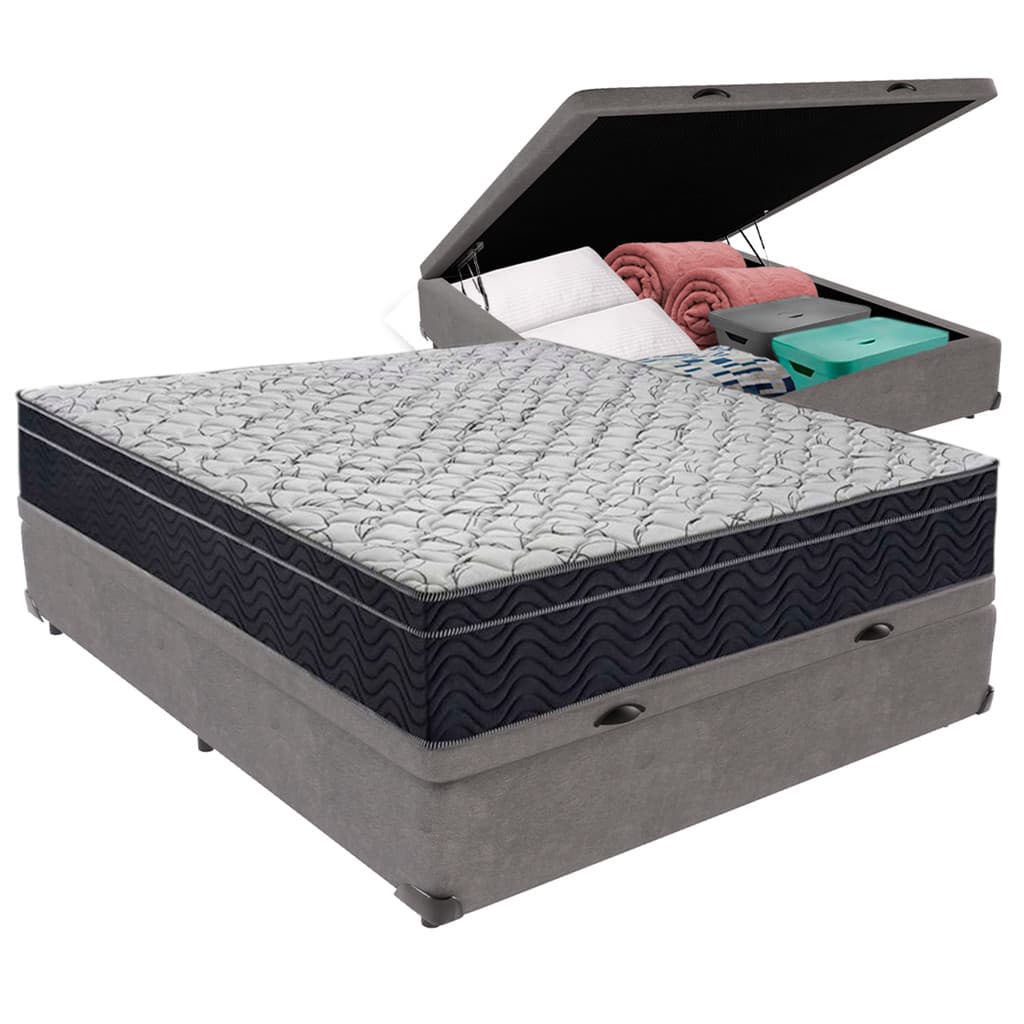 Cama box Viúvo cinza com colchão Airtech D45 da Ortobom, com espaço de armazenamento