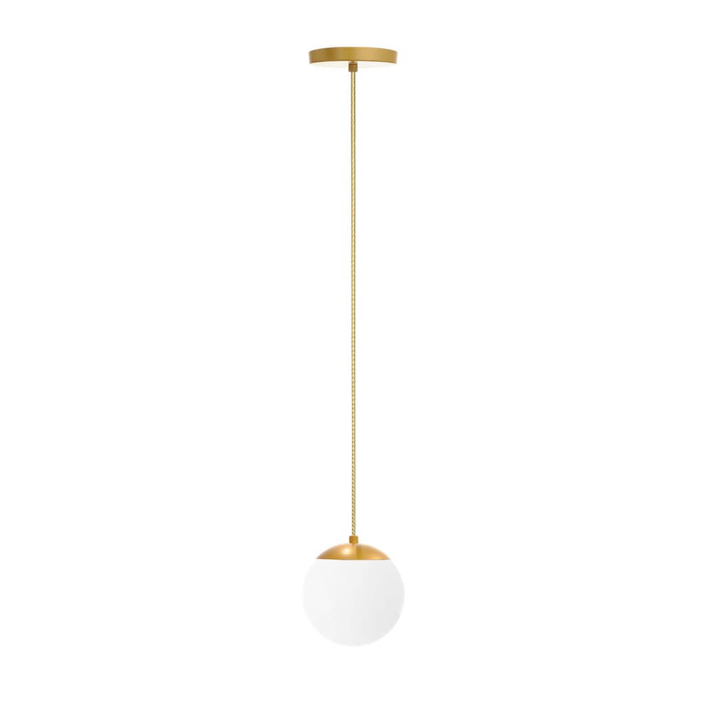 Pendente Globo Stuttgart Dourado Fosco BQ, cúpula esférica branca e cúpula externa dourada, suspenso por cabo dourado.