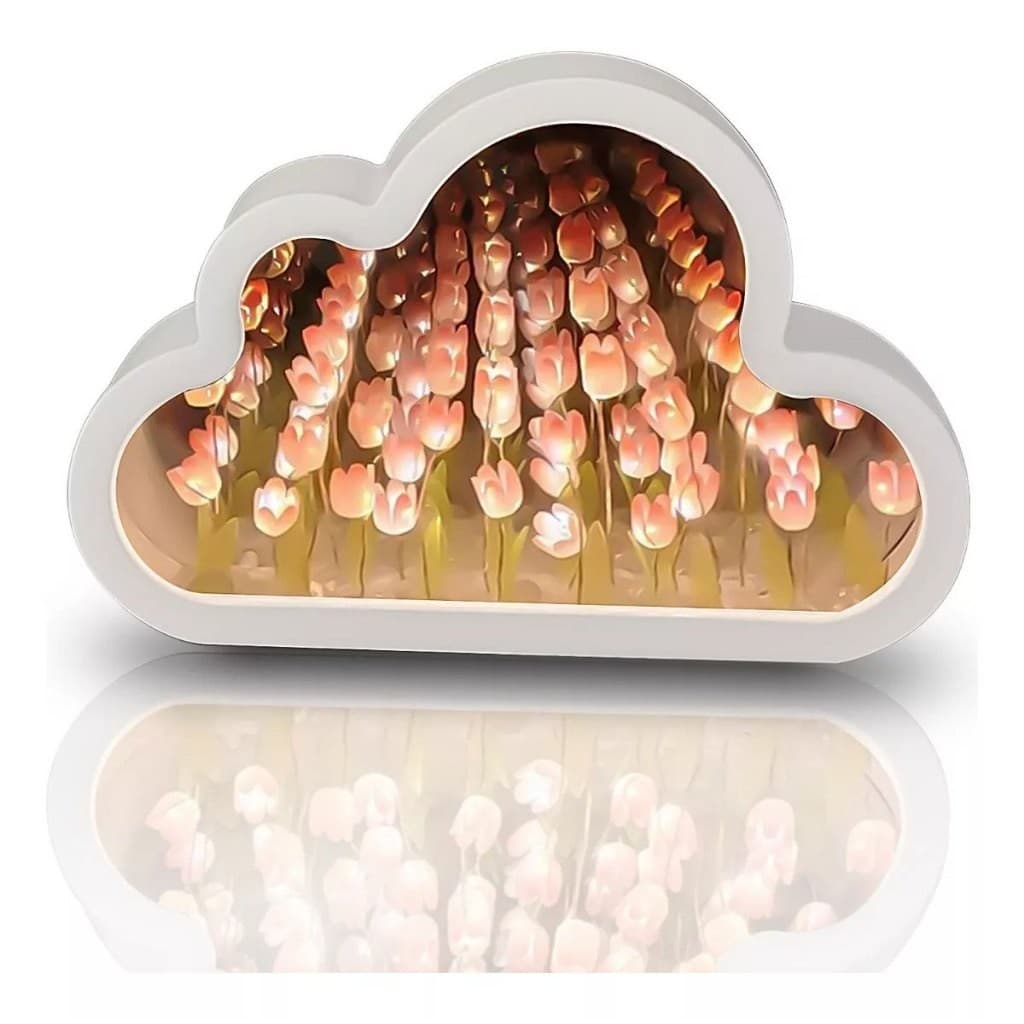 Luminária de Mesa com Flores de Tulipa Românticas e Espelho - Iluminação LED e Luz Noturna Decorativa