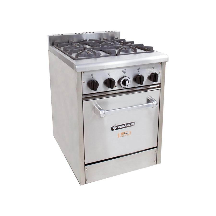 Fogão industrial em aço inoxidável com quatro bocas e forno, VENÂNCIO