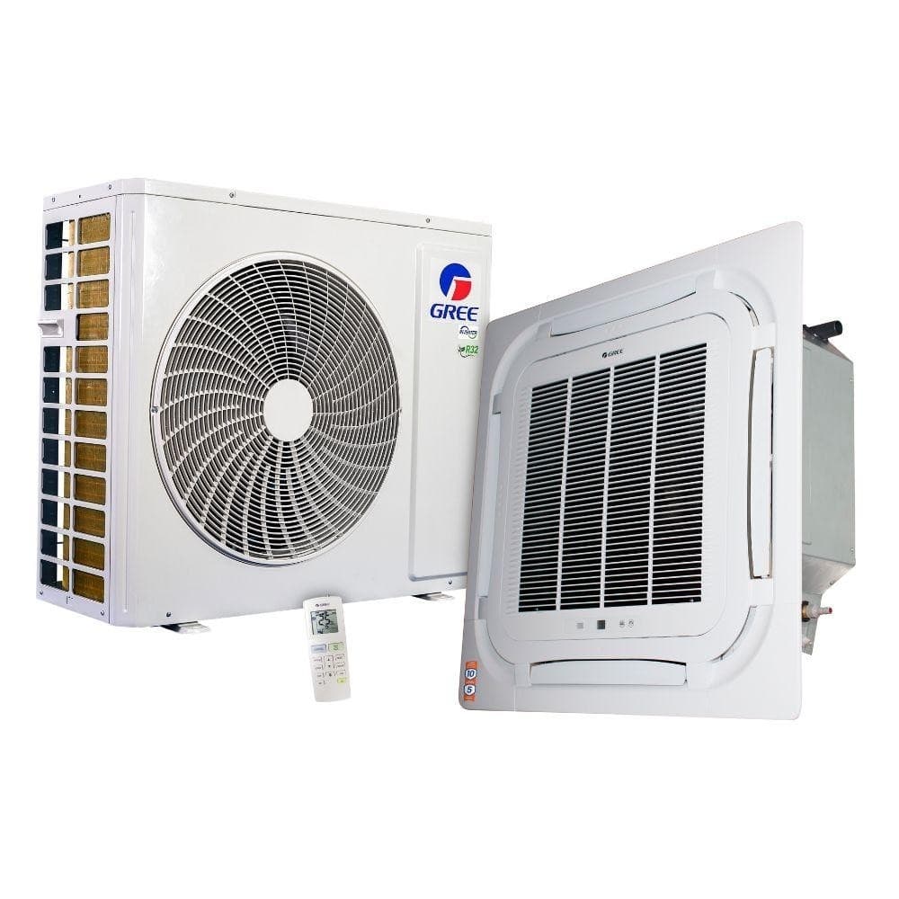 Ar-condicionado cassete Gree G-Prime Inverter Compact 56000, aparelho externo e interno brancos com controle remoto