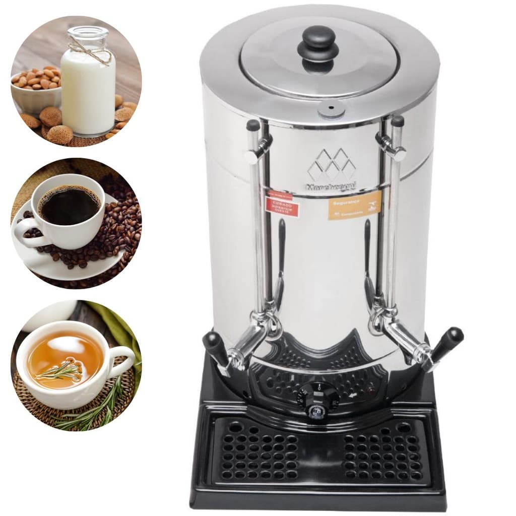 Cafeteira elétrica de 4 litros em aço inoxidável com dois bicos de saída e compartimento de leite