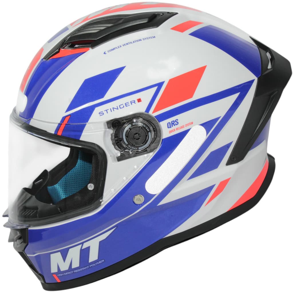Capacete MT Helmets Stinger 2 Zivze E7 Gloss Pearl fechado reforçado branco e azul