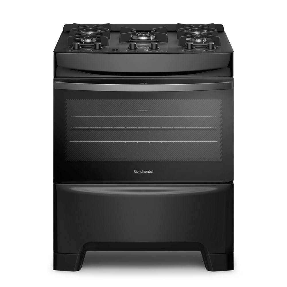 Fogão 5 bocas Continental com mesa de vidro, forno Eco Turbo e tripla chama em preto