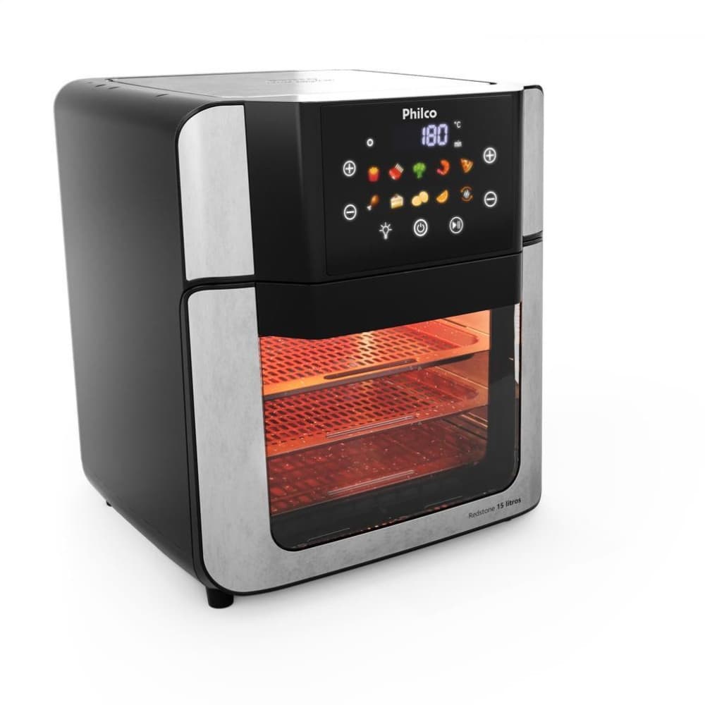 Fritadeira Elétrica Air Fryer Philco Oven 15L PAF15 com porta aberta, interior iluminado e prateleiras visíveis