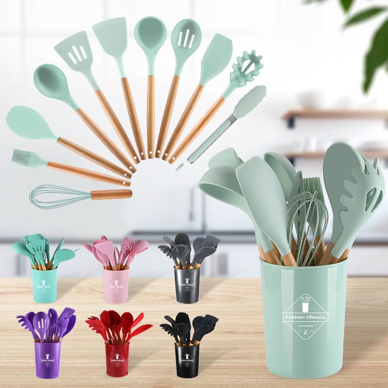 Kit 5/12 Talheres de Silicone Conjunto Utensílios de Cozinha Colher escumadeira concha escumadeiras