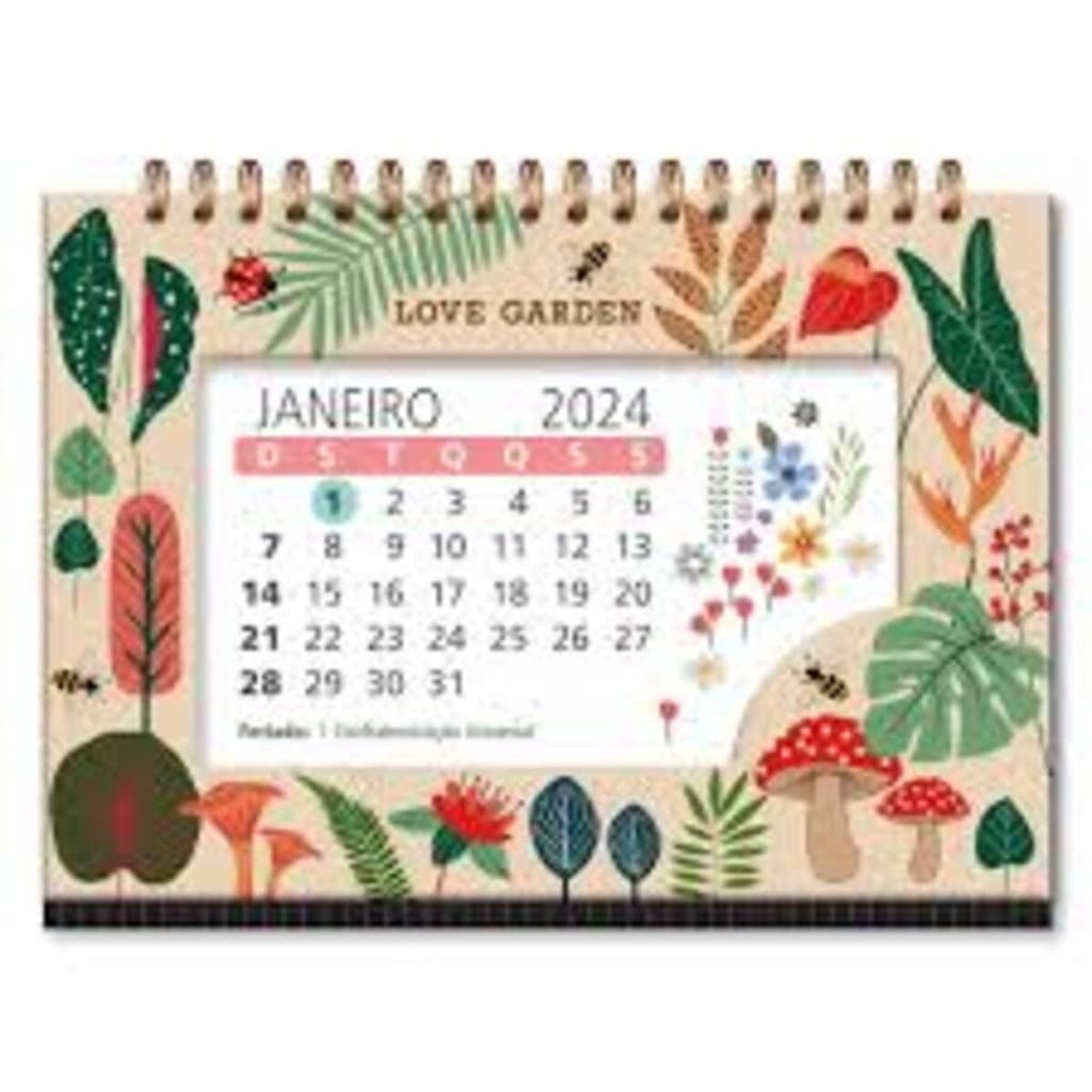 Calendário de mesa 2024 com design de jardim Love Garden, folhas e cogumelos