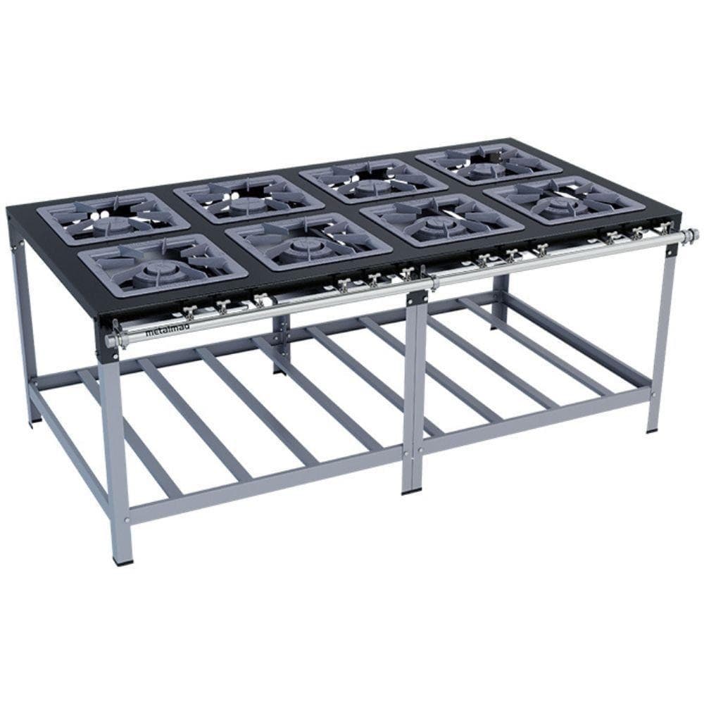 Fogão industrial Stori Premium M16 com 8 bocas, preto e cinza, fundo branco
