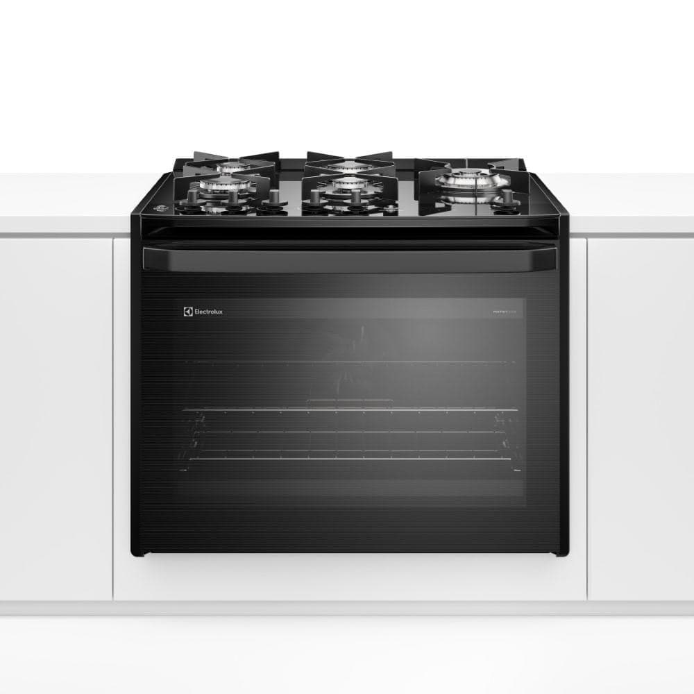 Fogão de embutir preto Electrolux com cinco bocas, tripla chama e mesa de vidro